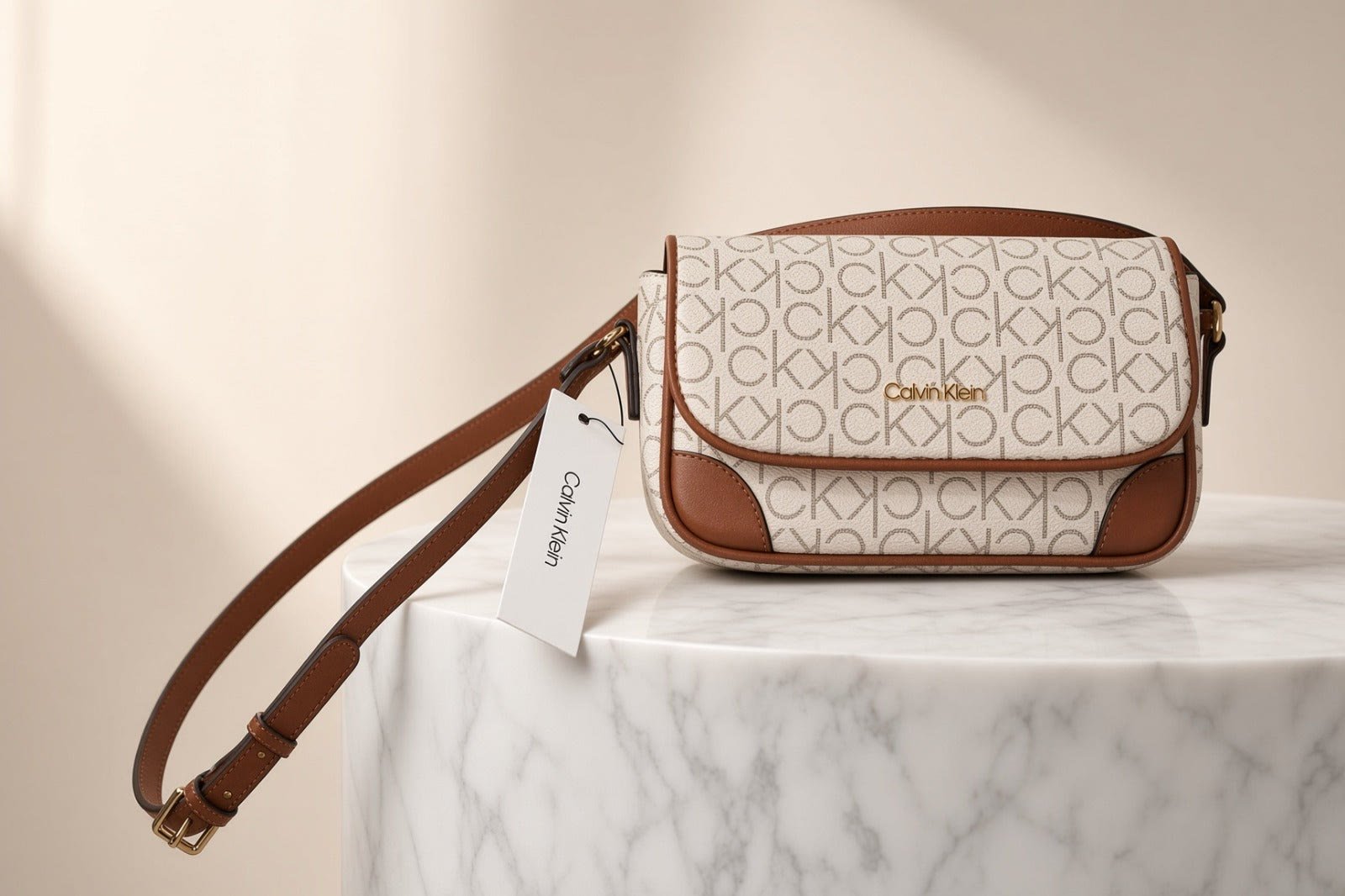 Bolso Calvin Klein Camera Bag sobre mármol, con su etiqueta